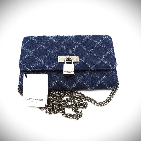 KURT GEIGER Mini Brixton Blue Denim Fabric Quilted Chain Wallet - Picture 1 of 6